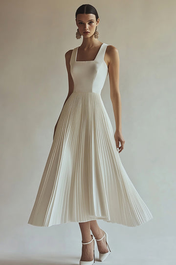 Ivory Satin A Line Square Neck Tea-Length Engagement Dress with Pleats